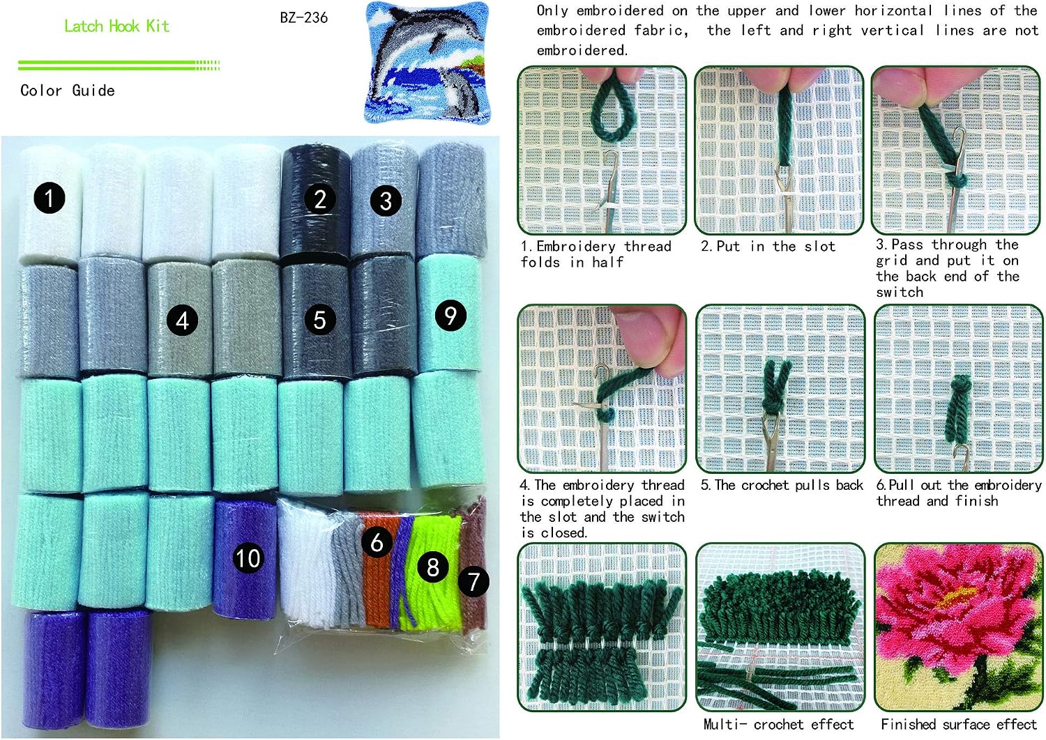 Latch Hook Kit DIY Pillow Cover Handcraft Printed Embroidery Set Crochet Needlework Crafts for Kids & Adults (Dolphin, 17 x 17 inch)
