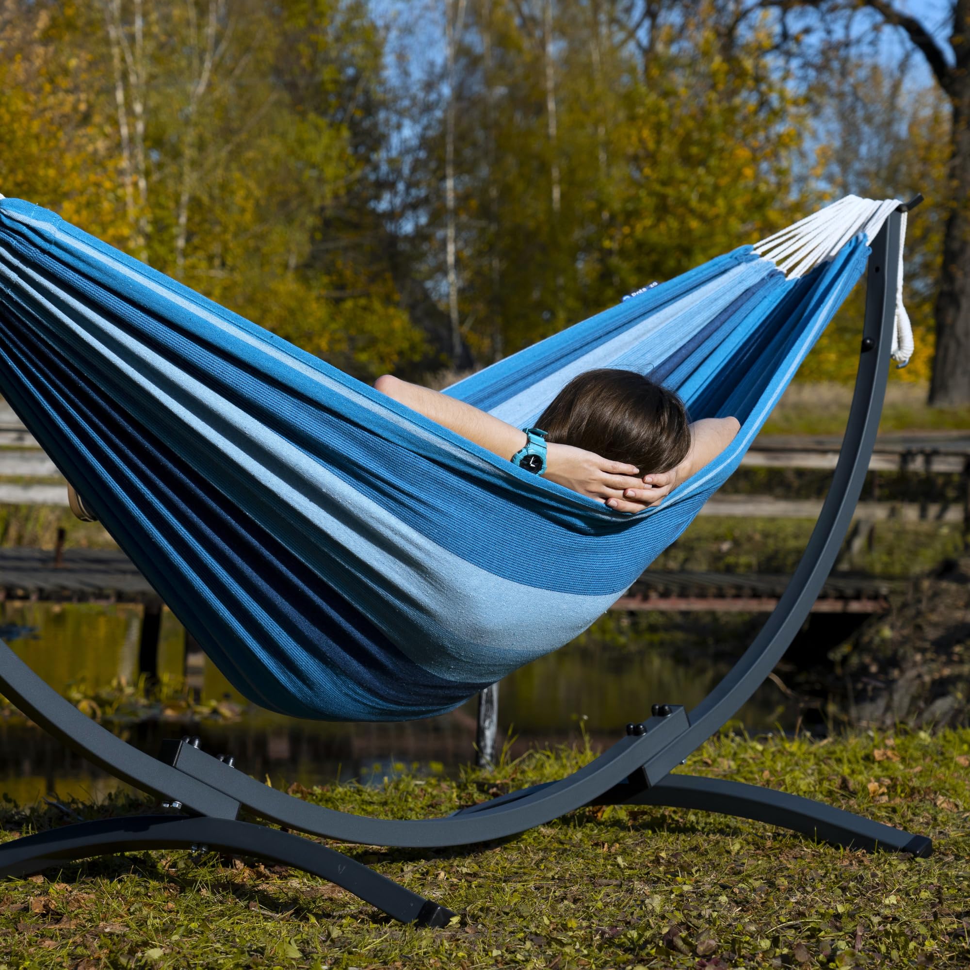Hamac de Jardin avec Cadre en Acier - Hamac 200x120 - Capacité de Charge 120 kg (Pacifique (Bleu))