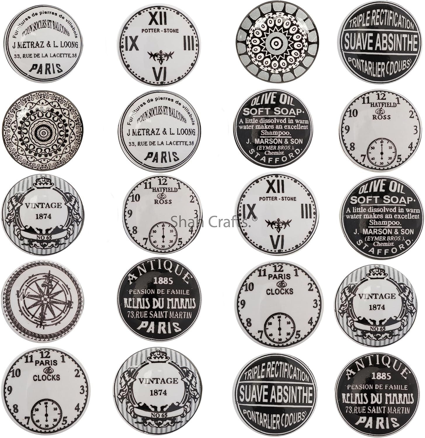 Premium Quality Assorted Clock Designs Handmade Ceramic Door Knobs, Vintage, Shabby Chic, Interior Furniture, Cabinet Cupboard Wardrobe Drawers Pulls Handles – Pack of 20