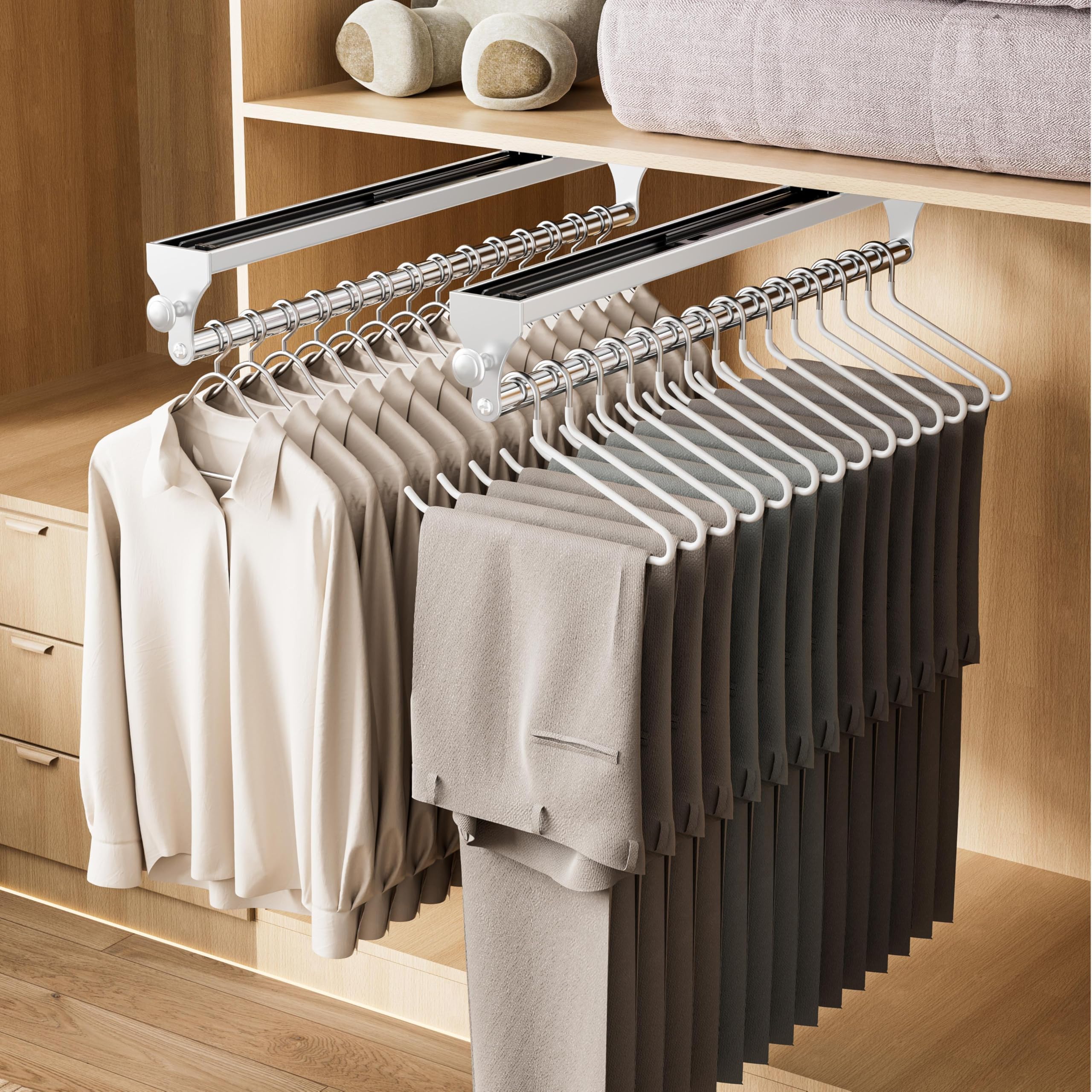 Photo 1 of 2 Pack Pull Out Closet Rod, 15.7inch Heavy Duty Pants Rack, Adjustable Clothes Hanger Rail, Space Aluminum Valet Rod, Top Mounted Wardrobe Clothes Organizer, Closet Storage for Trousers Coats White