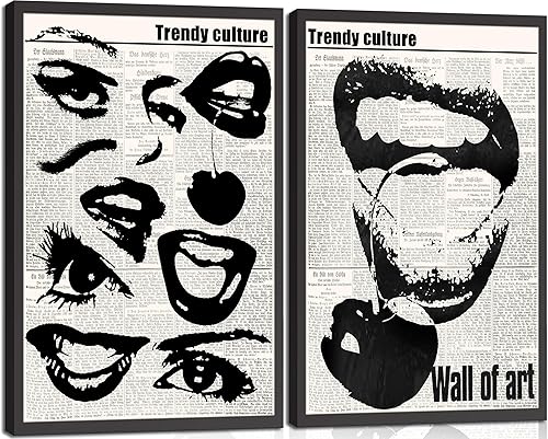 2 piezas de arte de pared vintage en blanco y negro de los años 70, ojos femeninos peculiares, labios, estética, lienzo, impresiones abstractas de