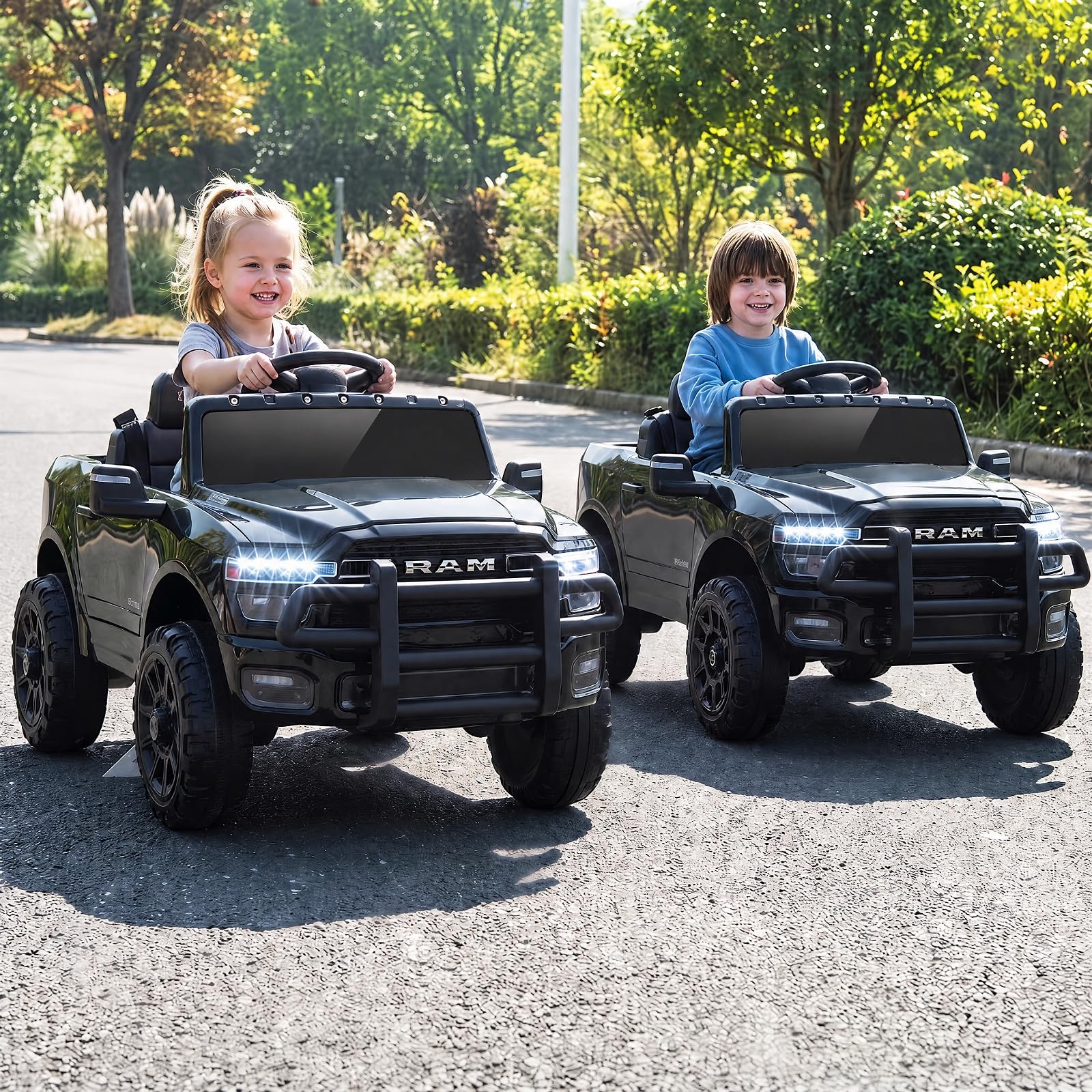 COSTWAY 12V Kinder Elektroauto, Kinderauto RAM für ab 3 Jahren (Schwarz) | Mit 2,4G-Fernbedienung, Musik, Hupe & helle Scheinwerfer, 3-Punkt-Gurt und verriegelbare Türen, bis zu 30 kg belastbar
