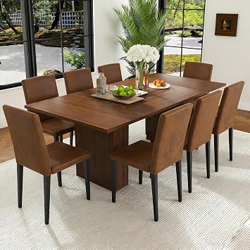 79 Dining Table Set for 8,Large Walnut Wood Dining Room Table Set for 8,Mid-Century Modern Rectangular Kitchen Table with Brown Suede Chairs for Dining Room Kitchen