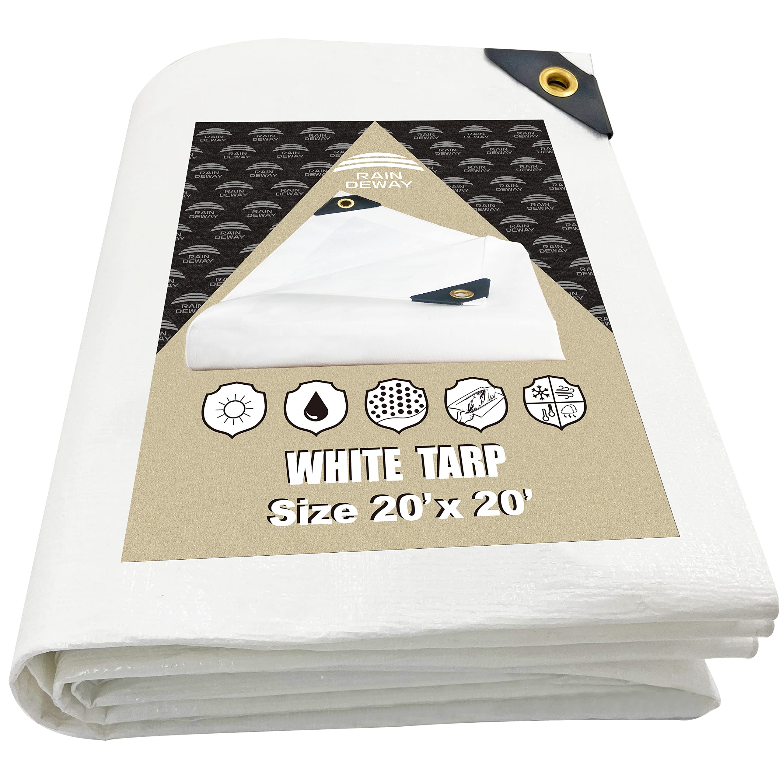 RAINDEWAY 12 Mil Heavy Duty White Tarp 20x20 Feet, UV Resistant, Waterproof, Weatherproof Poly Tarp with Metal Grommets and Reinforced Edges