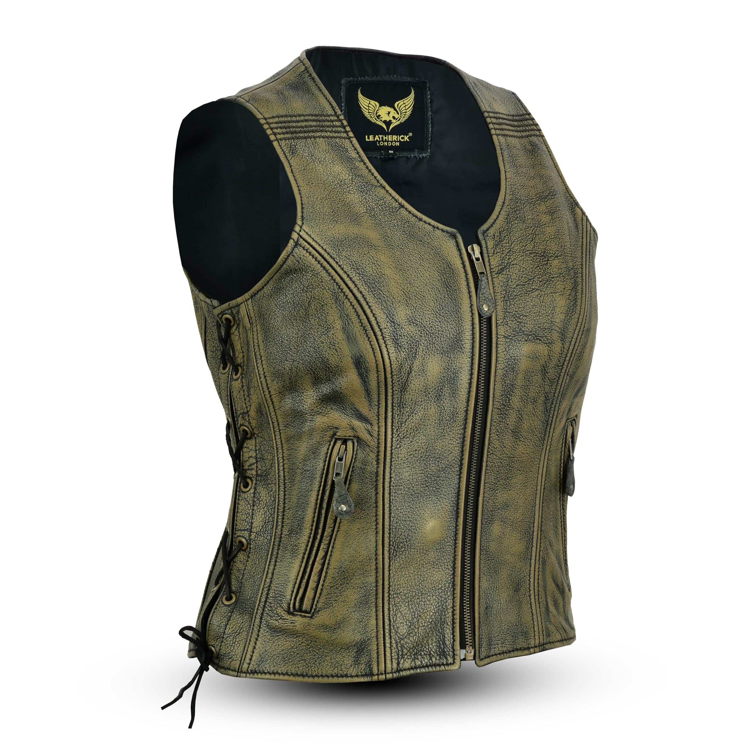 Leatherick Gilet in pelle vintage da donna senza maniche in vera pelle di bufalo marrone invecchiato, gilet/giacca
