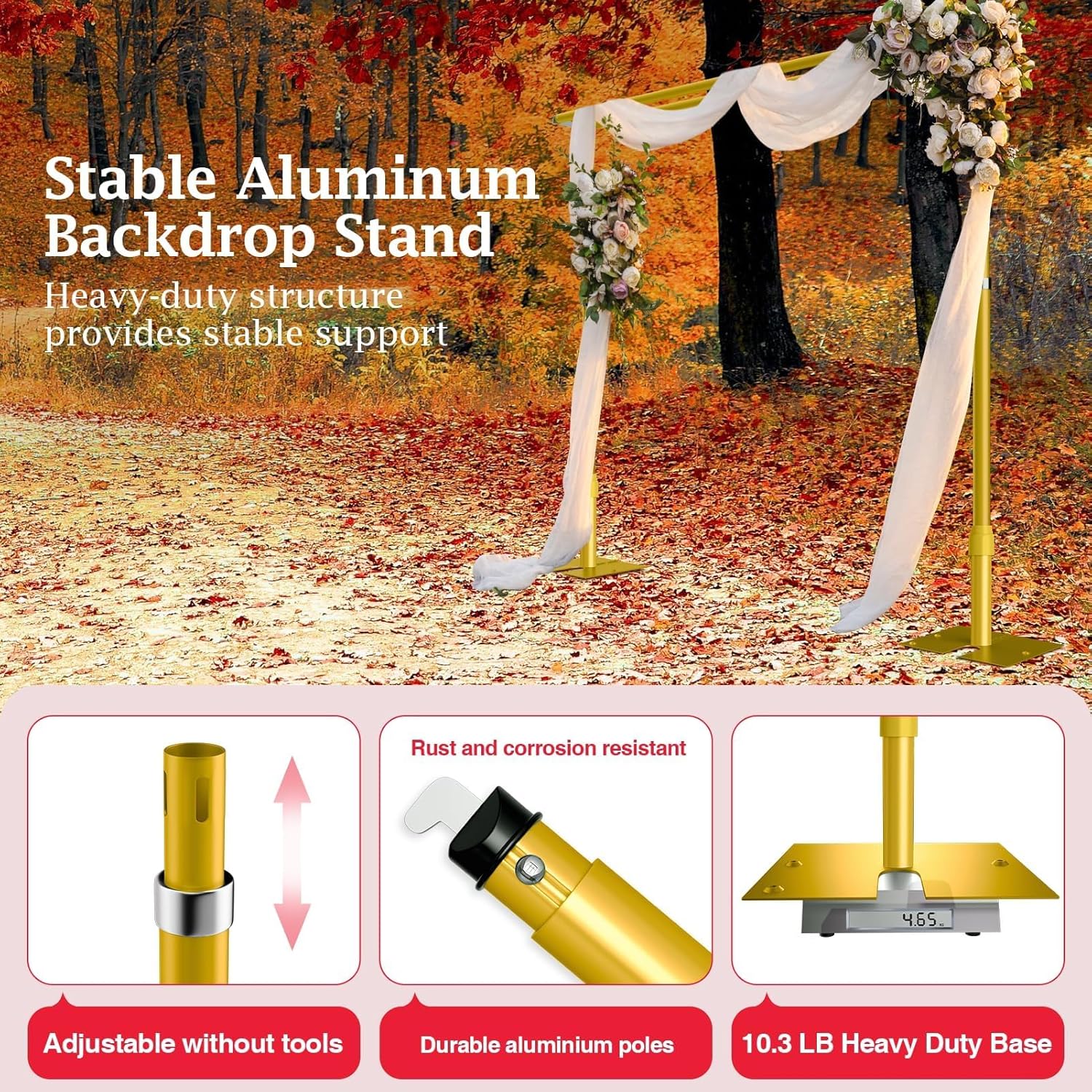 EMART Backdrop Stand Heavy Duty 10x10Ft, Double Crossbar Pipe and Drape Photo Background Support Kit, Adjustable Metal Frame with Flat Base for Wedding Birthday Party Decorations-Gold