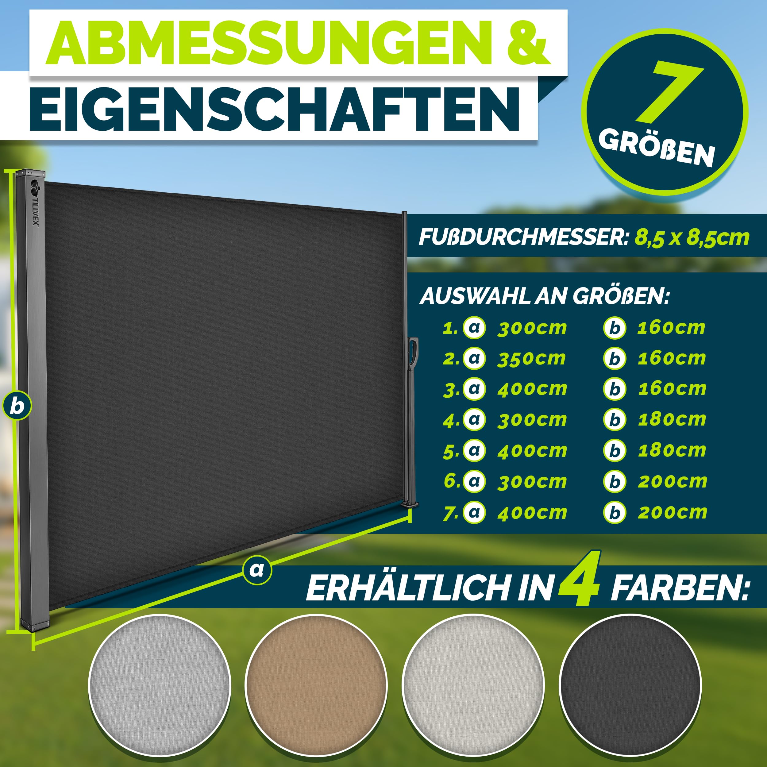 tillvex® Seitenmarkise 160 x 300 cm ausziehbar & Blickdicht mit Regencover