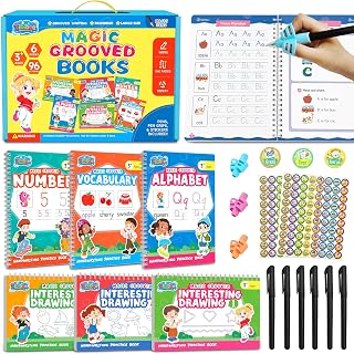 Magic Grooved Writing Practice for Kids Ages 3–8, Reusable Handwriting Workbooks with Deep Tracing Grooves – Letters, Numbers, Math & Drawing – Disappearing Ink Pens & Grips – Great Gifts for Kids