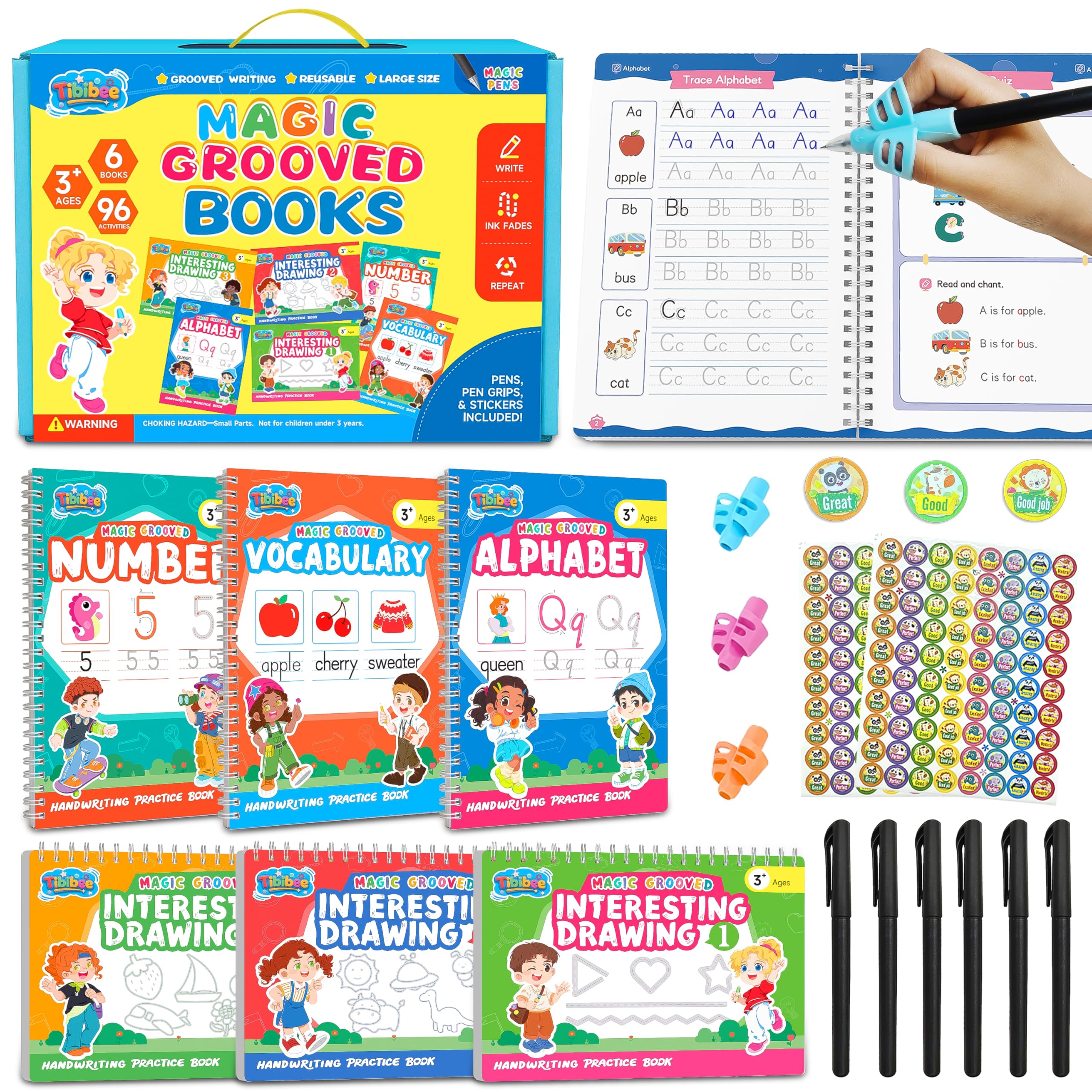 Magic Grooved Práctica de escritura para niños de 3 a 8 años, libros de trabajo reutilizables de escritura a mano con ranuras profundas - letras, números, matemáticas y dibujo, bolígrafos y