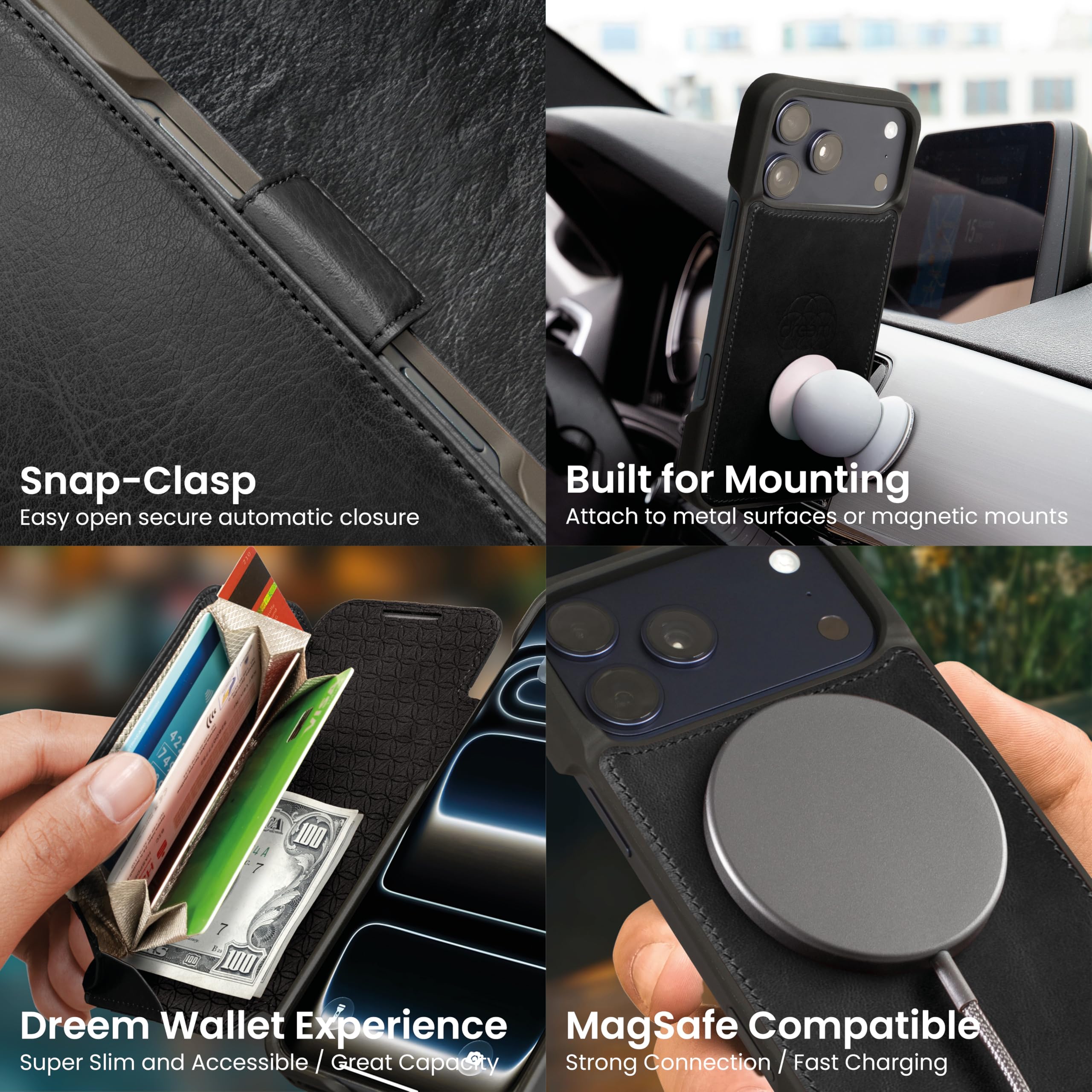 dreem Real Leather for iPhone 17 Pro Case Wallet, Revolutionary Phone Stand, MagSafe-Fit, Magnetic Detachable Flip Cover, RFID Blocking Card Holder, Gift-Box [Fibonacci:Black] — view 6