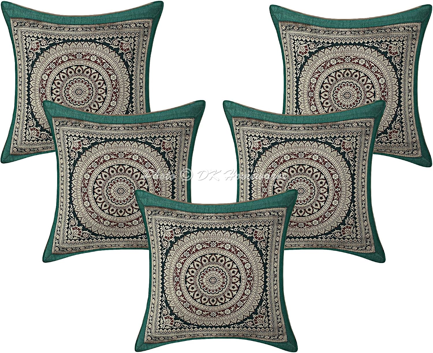 Indian Throw Pillow Covers 12x12 Inch Brocade Jacquard Weave Ethnic Square Mandala Cushion Covers (Size - 30x30 cm ; Color: Dark Green & Gold) - Set of 5 Pcs (Cover Only)