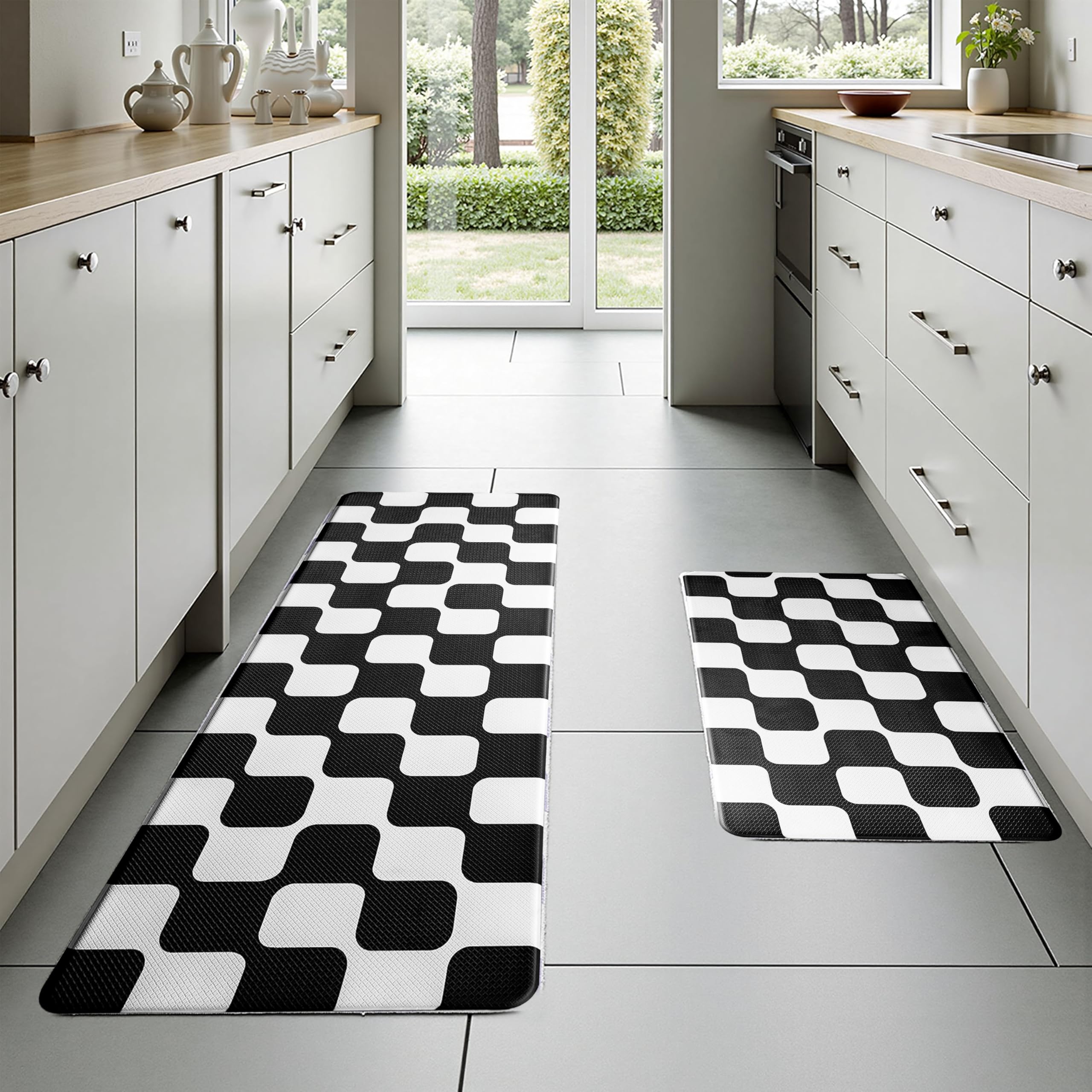 Juego de 2 alfombras de cocina a cuadros retro con curvas negras [2 piezas], antifatiga, impermeables, antideslizantes, resistentes, ergonómicas, cómodas, para suelo, hogar, lavandería, 17 x 29