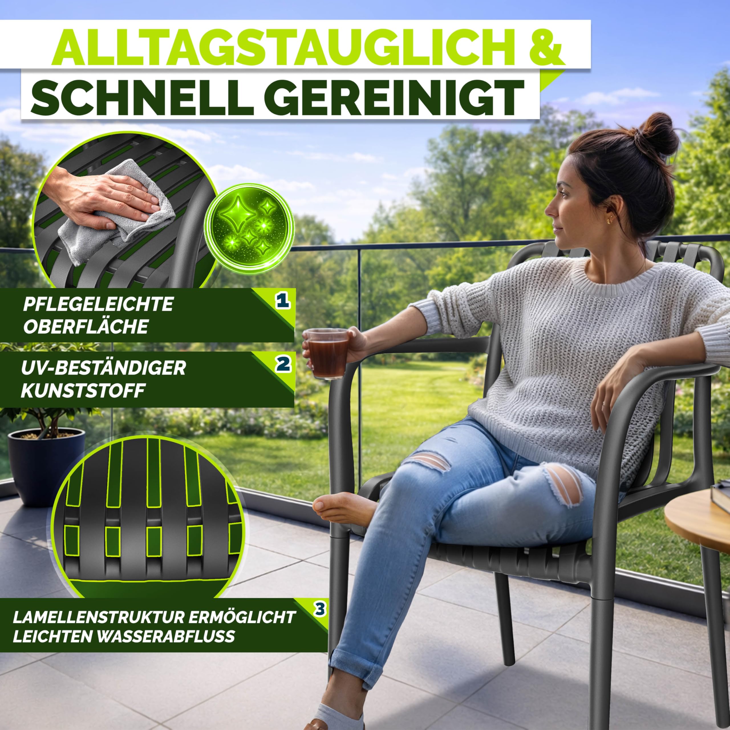 tillvex® Gartenstühle 4er Set Stapelbar Wetterfest mit Armlehne | Outdoor Stühle bis 120kg belastbar | Gartenstühle Outdoor | Terrassenstuhl Gartenmöbel Balkon Garten Terrasse