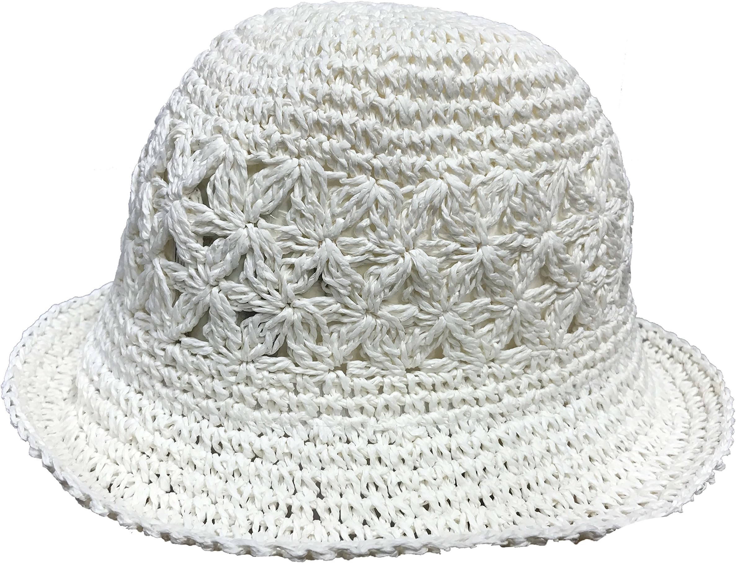 DINZIO Ladies Womens Crochet Turn-UP Straw Sun HAT