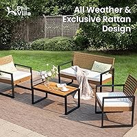 Vista 2 de PHI VILLA Juego de muebles de mimbre de patio para 4, sofá biplaza y sillas de ratán marrón con cojines beige y mesa de centro de madera de acacia