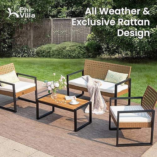 Miniatura 2 de PHI VILLA Juego de muebles de mimbre de patio para 4, sofá biplaza y sillas de ratán marrón con cojines beige y mesa de centro de madera de acacia,