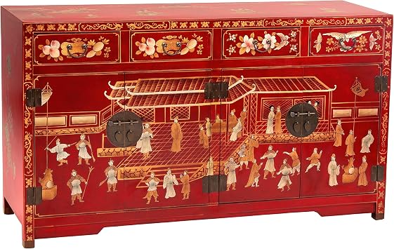 Red Lantern Artisan Crafted Red Lacquer Buffet - Hand Painted Courtyard