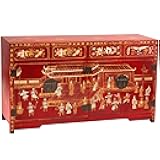 Red Lantern Artisan Crafted Red Lacquer Buffet - Hand Painted Courtyard