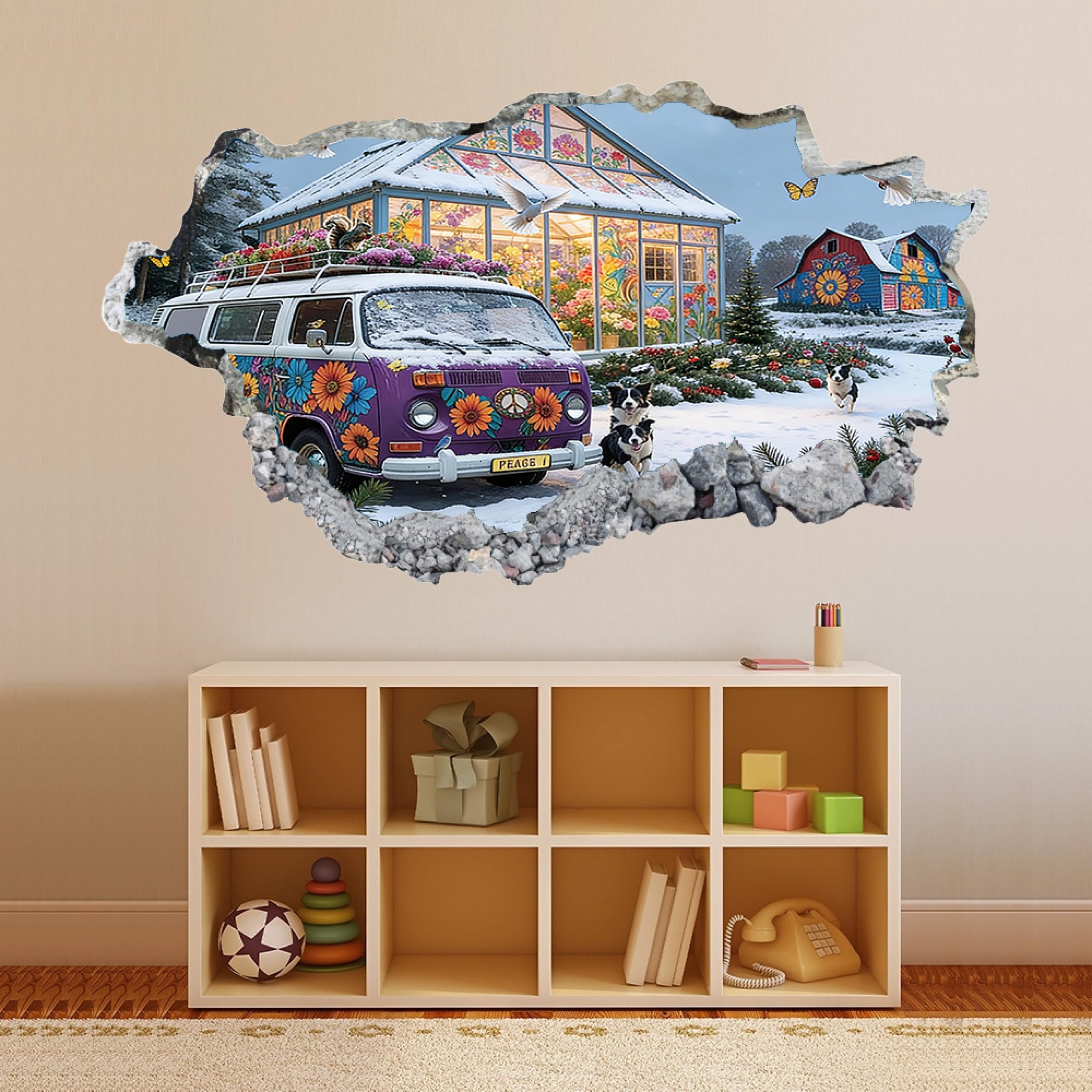 Adesivi 3D per decorazioni murali distruttiAuto E Cani Nella Neve Adesivo da parete Tatuaggio da parete per la decorazione della parete della cameretta dei bambini 70x122cm