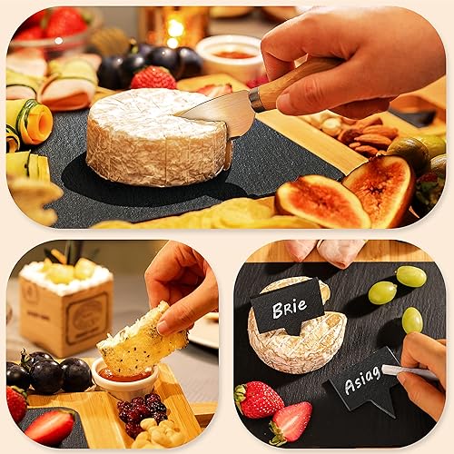 Miniatura 7 de Easoger Tablas grandes de bambú para charcutería, plato de queso con 2 cajones, cuchillo de servir, 2 cuencos de cerámica, regalo único