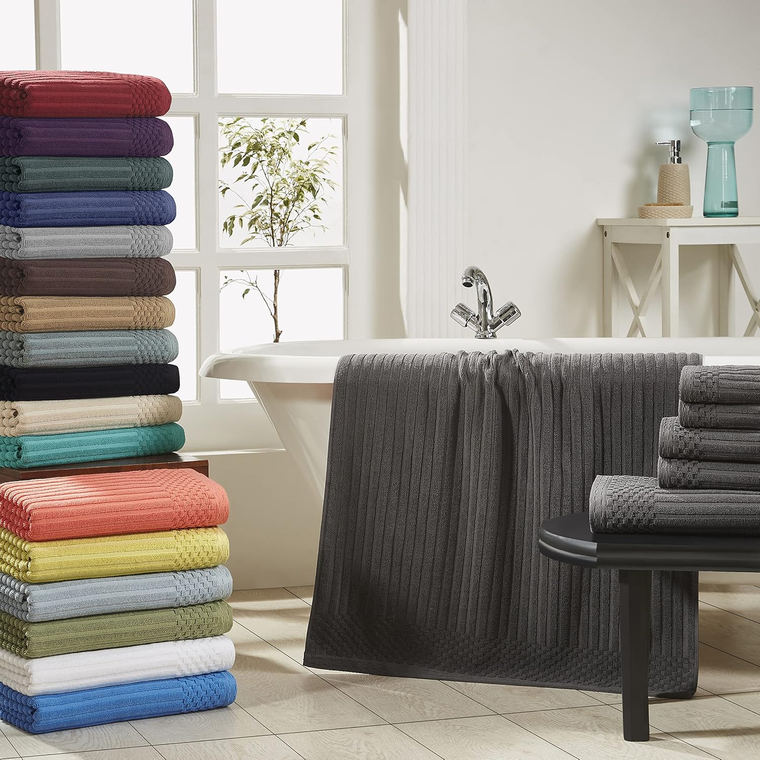SUPERIOR Cotton 6-Piece Solid and Ribbed Towel Set, Face Towels 13” x 13”, Hand Towels 16” x 28”, Bath Towels 27” x 54”, Charcoal