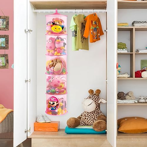 Miniatura 108 de Organizador de bolsas de malla colgante para ahorrar espacio, organizador plegable de almacenamiento de animales de peluche, 5 compartimentos,
