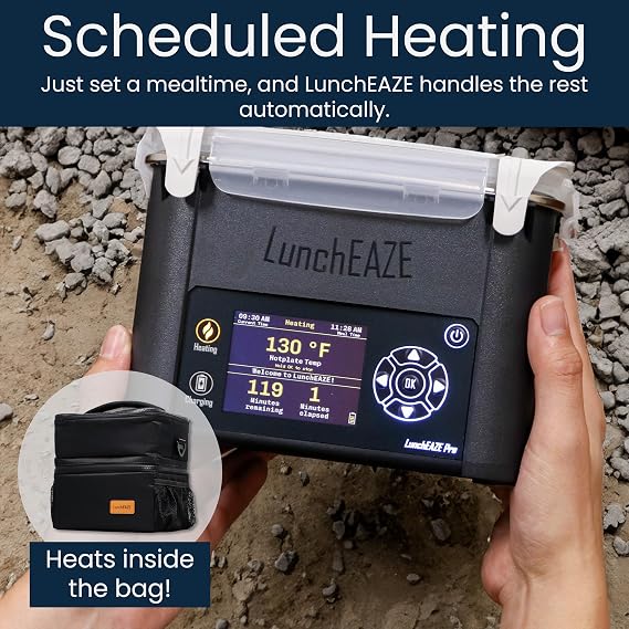 LunchEAZE Pro Cordless Heated Lunchbox Battery-Powered, 4-Cup Capacity, 220F Max, Automatic Scheduled Heating, Insulated Bag Included for Hot Meals Anywhere
