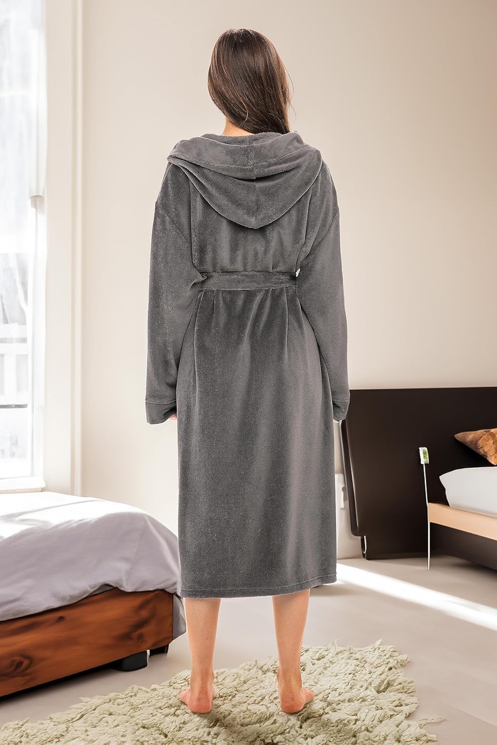 Alexander Del Rossa Women's Soft Fleece Robe with Hood, Warm Lightweight Bathrobe Large-X-Large Steel Gray