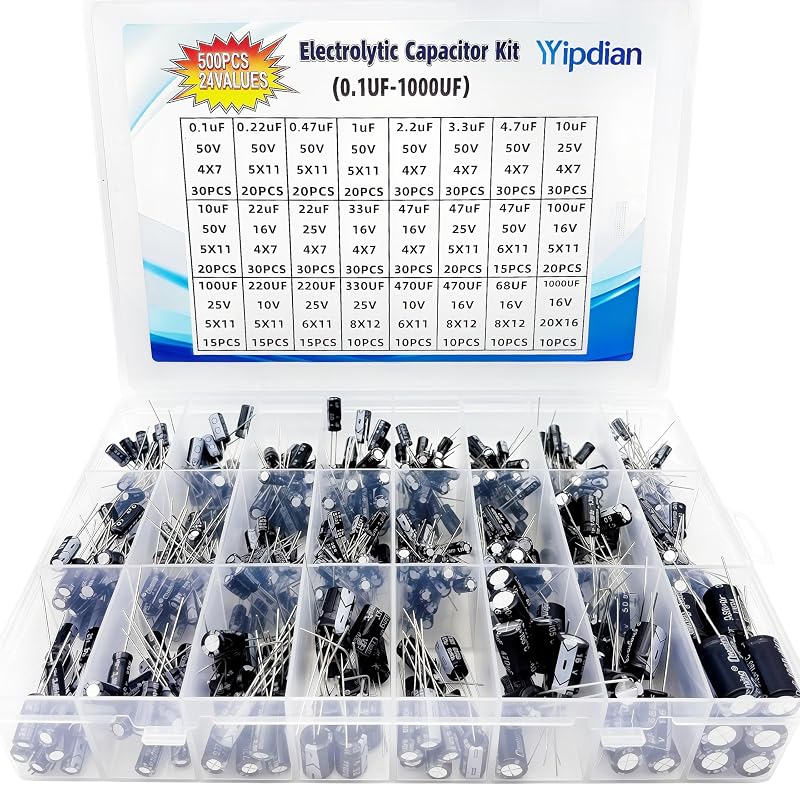 500PCS 24Values Electrolytic Capacitor YYipdian 0.1uF-1000uF 10V 16V 25V 50V Aluminum Capacitors Assortment Box Kit