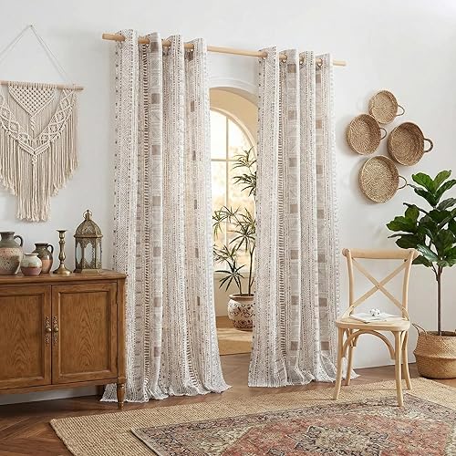 NICETOWN Boho Curtains for Living Room Flax Linen Sheer, Farmhouse Semi Sheer Curtains with Bohemian Stripe Pattern, Privacy Light Filtering Drapes for Bedroom/Dining Room, W50 x L84, Taupe, 1 Pair