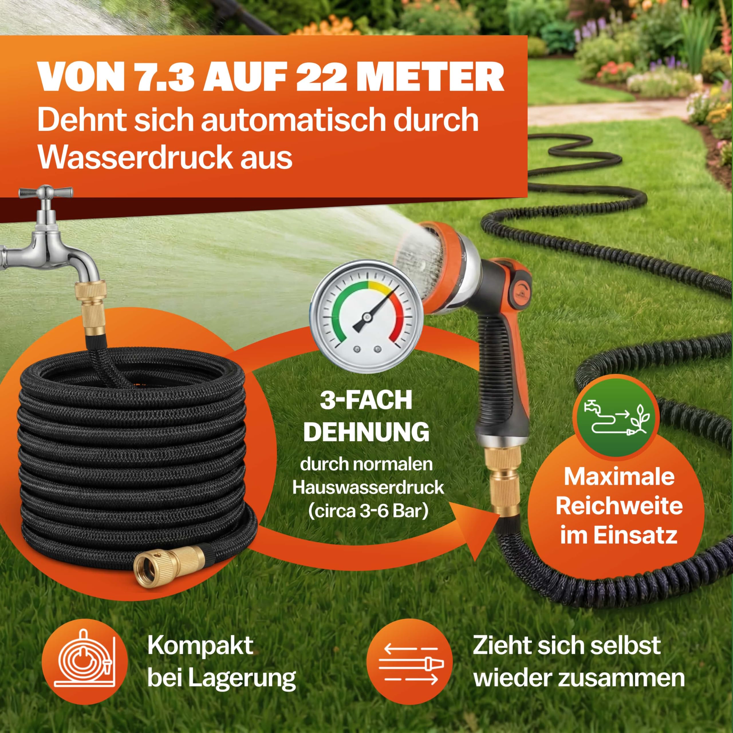 GARDEBRUK® Flexibler Gartenschlauch 22m 3fach Latexkern Vollmessing Adapter 1/2' 3/4' Zoll Wandhalterung Tasche Flexschlauch Wasserschlauch Schwarz
