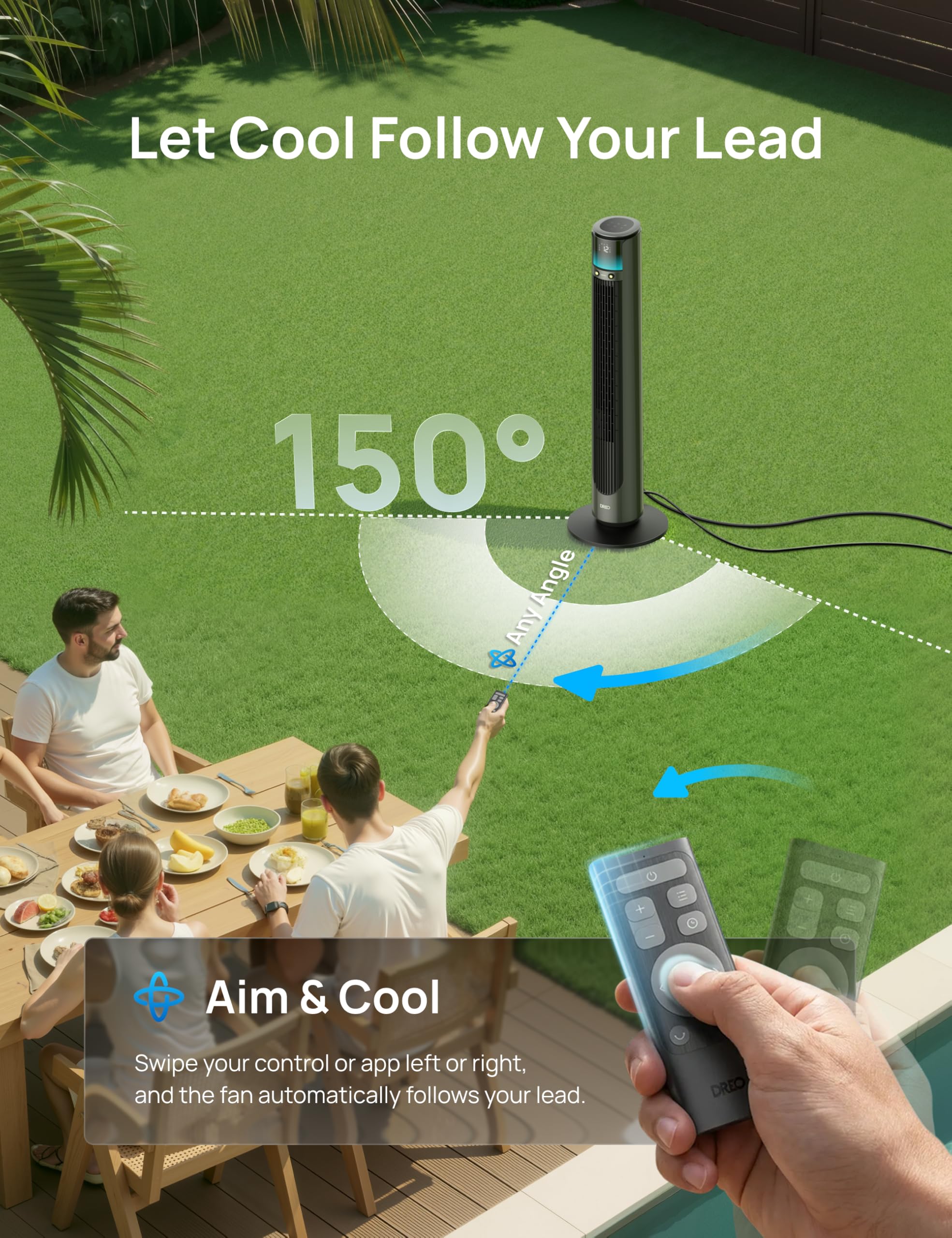 DREO TurboCool Outdoor 711AS - Ventilatore a nebbia per esterni, potenza 10 m/s, 12 livelli, 4 modalità, ventilatore intelligente a piantana, oscillazione a 150°, silenzioso 20 dB, motore DC