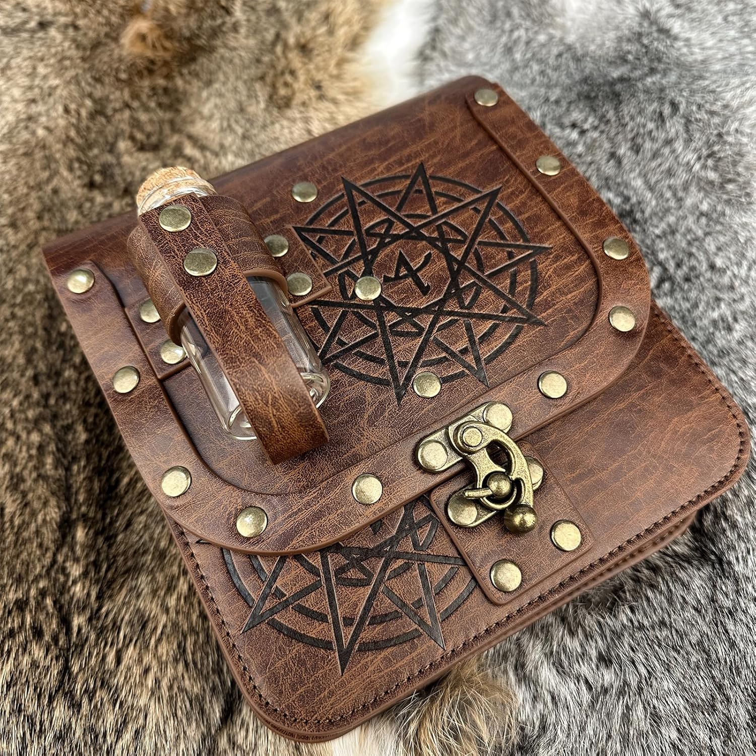 HiiFeuer Medieval Alchemy Faux Leather Belt Bag with Cork Potion Vials, Fantasy Wizard Waist Pouch Side Pack for Halloween (Light Brown C) - Image 5