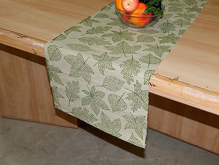 HOME COLORS.IN Cotton Ribbed Maple Leaf Green Table Runner - Machine Washable - Durable - Dining Table Runner - 14 x 50 Inch - Schist Green