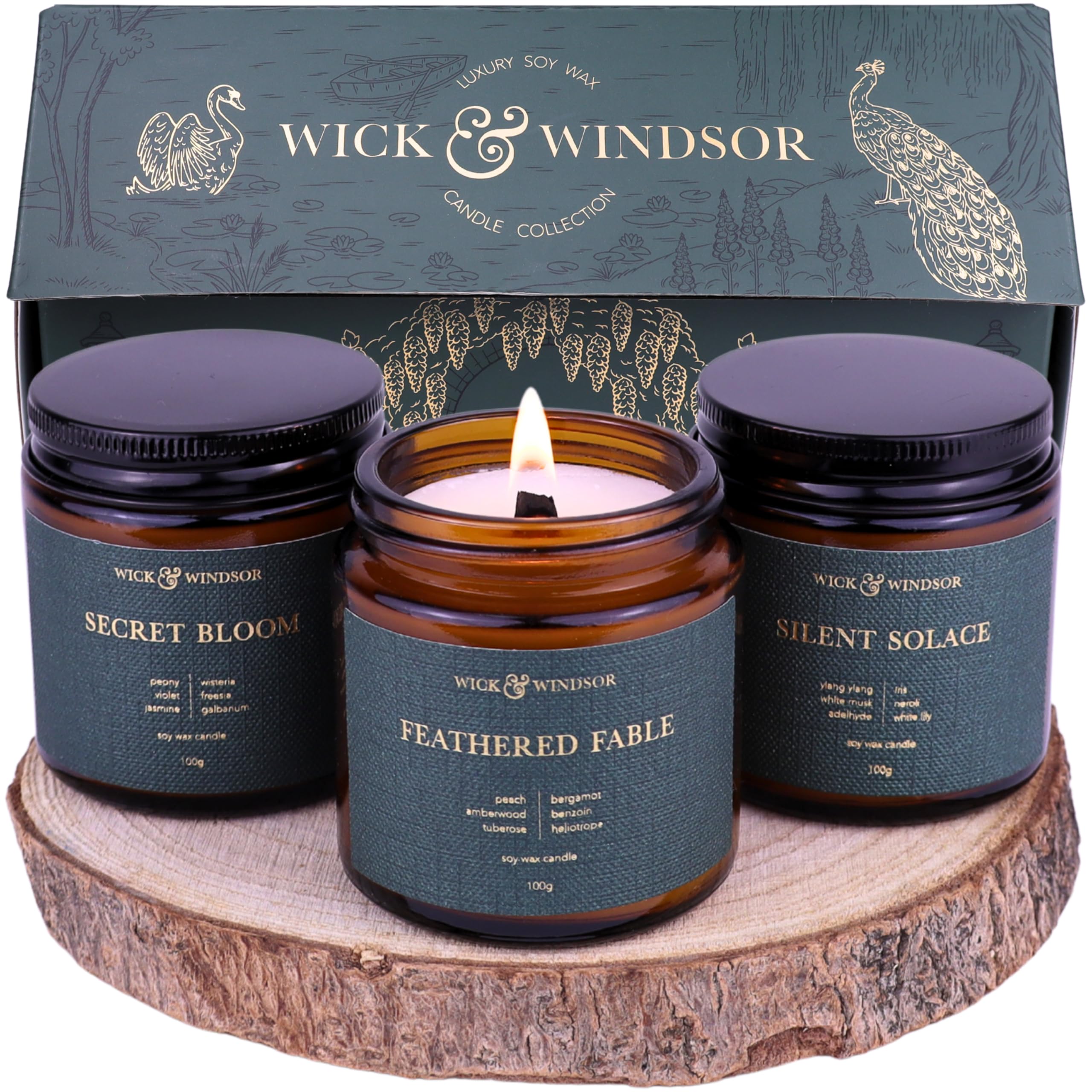 Wick & Windsor Women's Secret Garden Collection | Scented Candle Gift Set | | 3 Luxury Soy Wax Candles | Wooden Wick | 3×100G | Peony, Wisteria & White Lily | Gift For - Mother's Day, Birthday