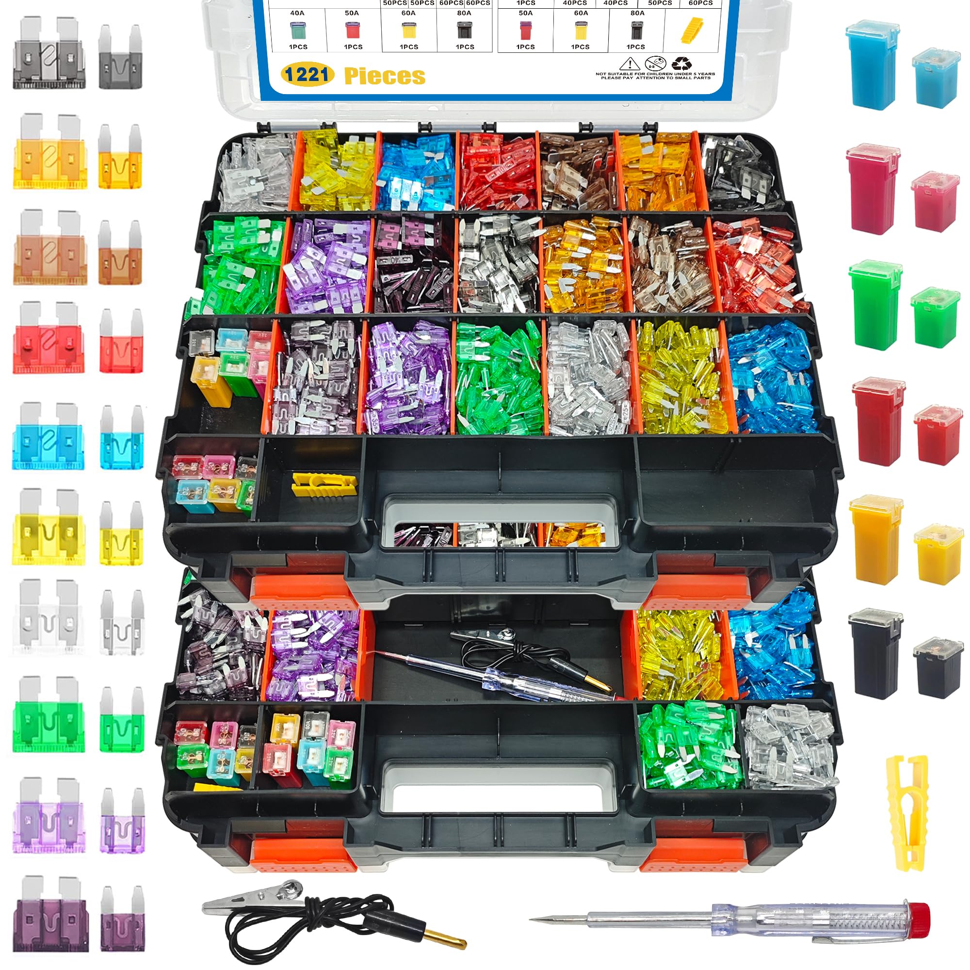Kit assortito di 1221 fusibili per auto mini e standard a lama alta/STD profilo a forma di scatola fusibili con estrattore di fusibili e tester per circuiti, per auto, camion, SUV, barche, organizer