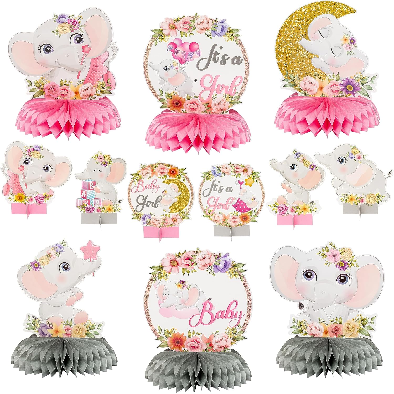 12Pcs Pink Floral Elephant Honeycomb Table Centerpieces It's a Girl Baby Shower Table Toppers Elephant Gender Reveal Party Decor Welcome Baby Girls Photo Props Party Supplies for Birthday Baby Shower