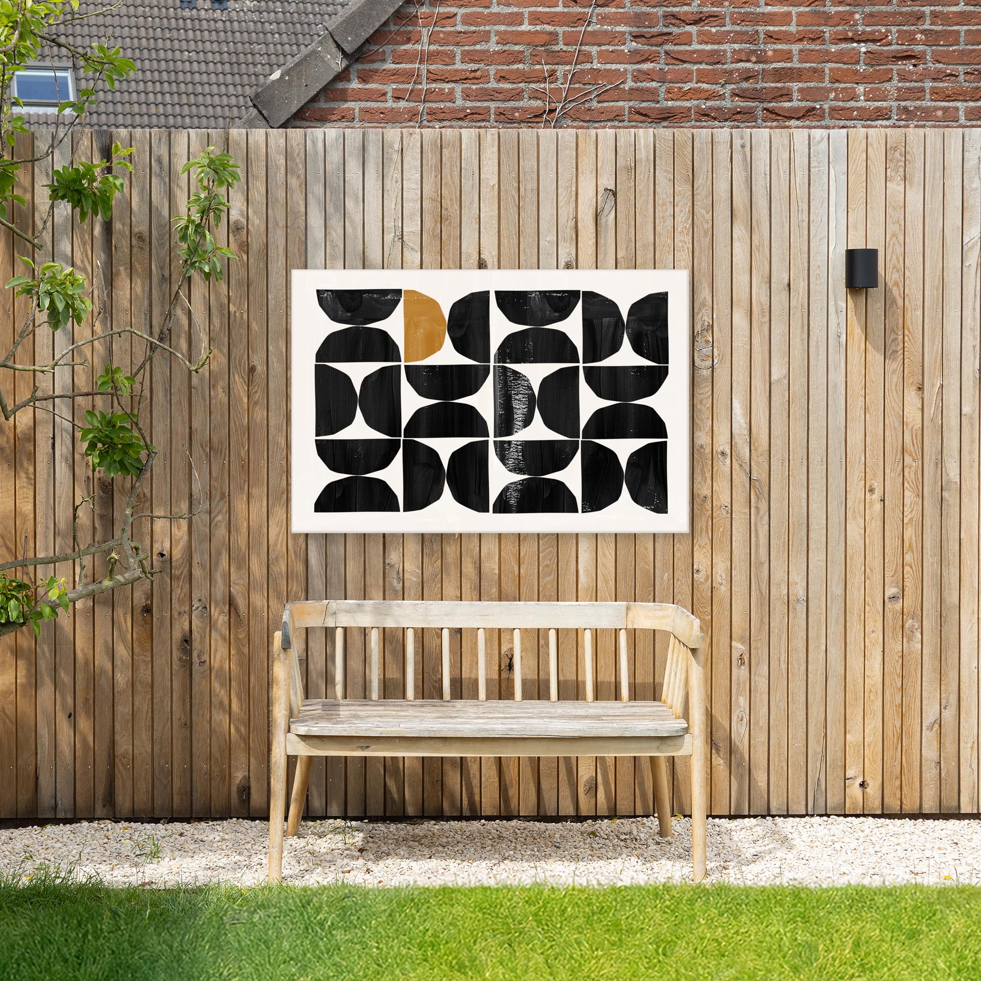 Gartenposter 120x80 cm Outdoor Wandbild Garten Deko Leinwand Gartendeko Terrasse Balkon Wetterfest Bild Außenbereich Wall Decor Draußen Abstrakte Kunst - Schwarz - Modern - Beige