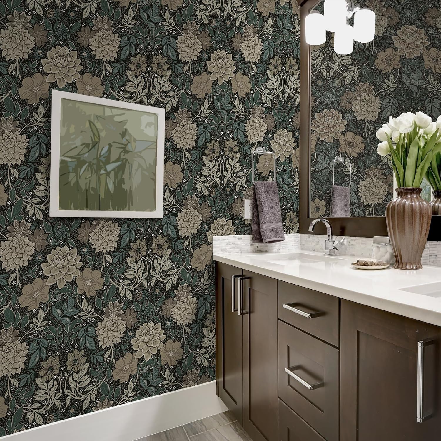 VEELIKE Dark Moody Dahlia Floral Wallpaper Peel and Stick Vintage William Morris Wallpaper for Bedroom Bathroom 17.7''x354'' Removable Victorian Wall Paper Self Adhesive Contact Paper for Walls Shelf