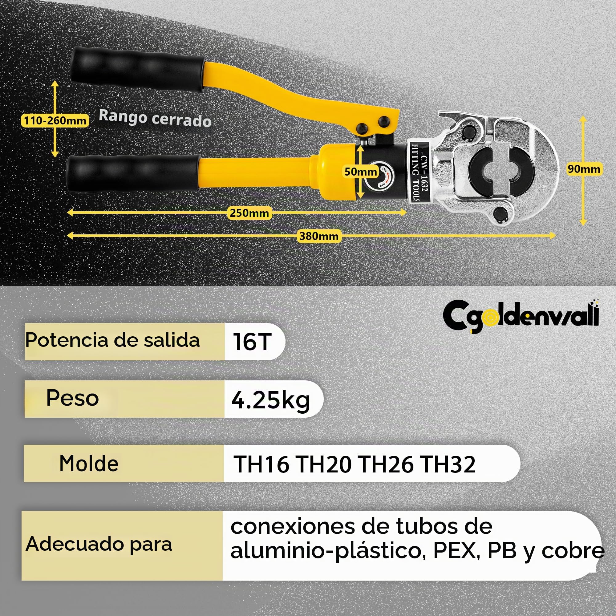 CGOLDENWALL Alicates Prensadores Tuberías Multicapa con Matrices TH16-32 | 4 Matrices TH Intercambiables, Cabeza De Prensado Giratoria 360° – Para Tuberías Pex, Pb y Aluminio-Plástico