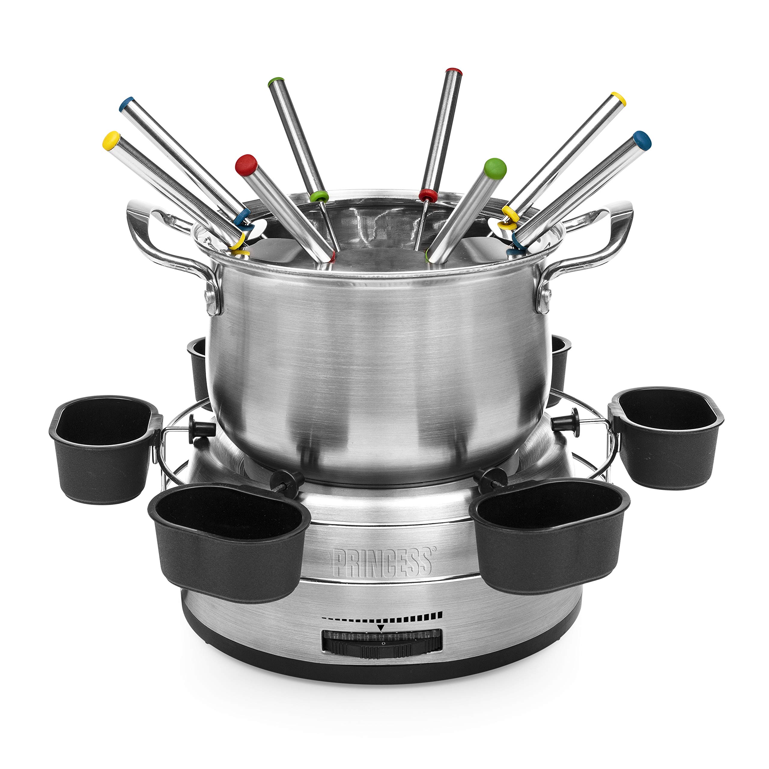 Princess Family Fondue-Set - 800 W, 1,2 Liter Fassungsvermögen, Thermostat, Edelstahl, doppelter Boden, 8 Fonduegabeln, 6 Dipschalen, Silber, 172680 01.172680.01.001, edelstahl, silber