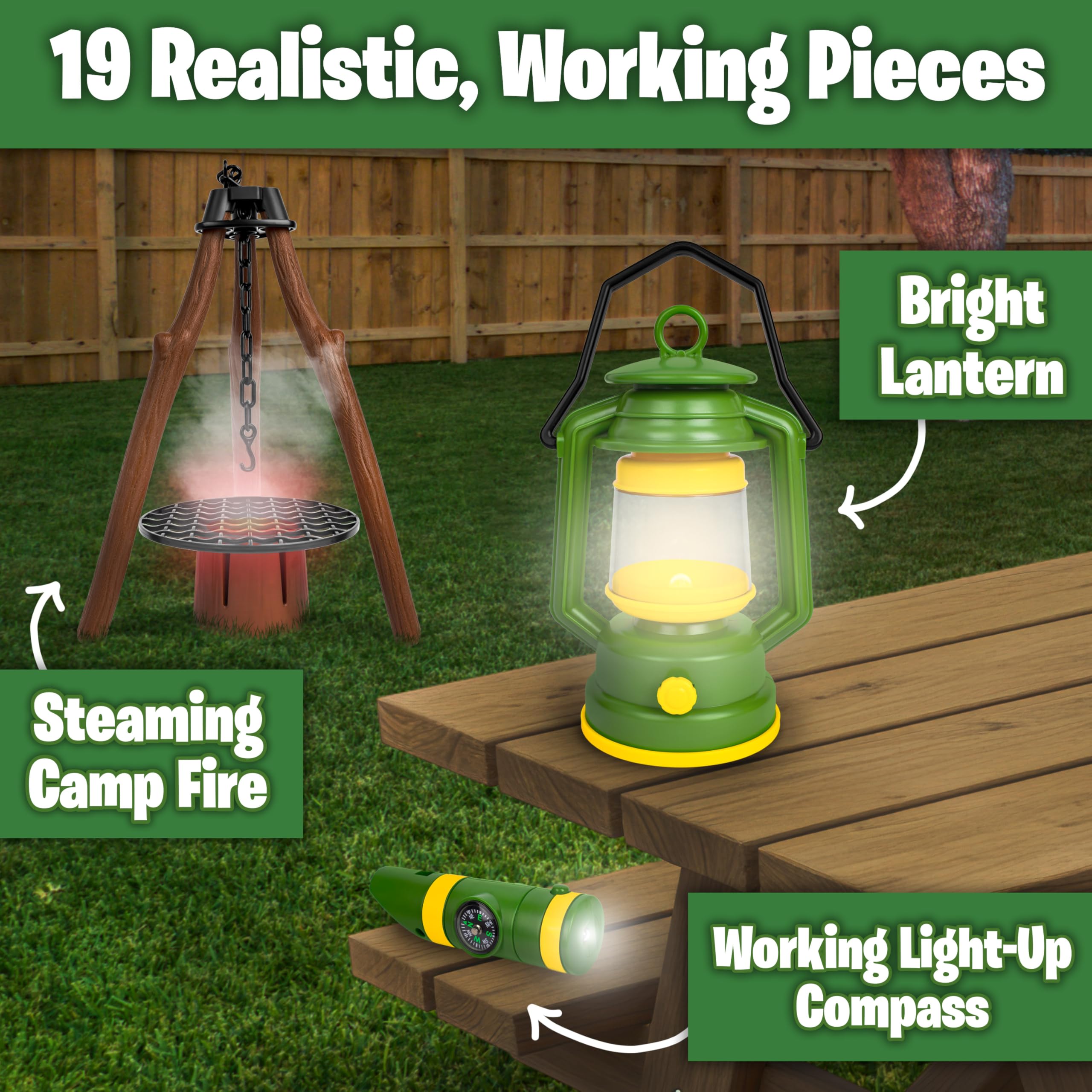 John Deere Tenda da campeggio pop-up, set da 18 pezzi, include mensa, piatti, utensili, cibo da gioco, pentole, binocoli, lanterna e torcia, giochi per interni ed esterni
