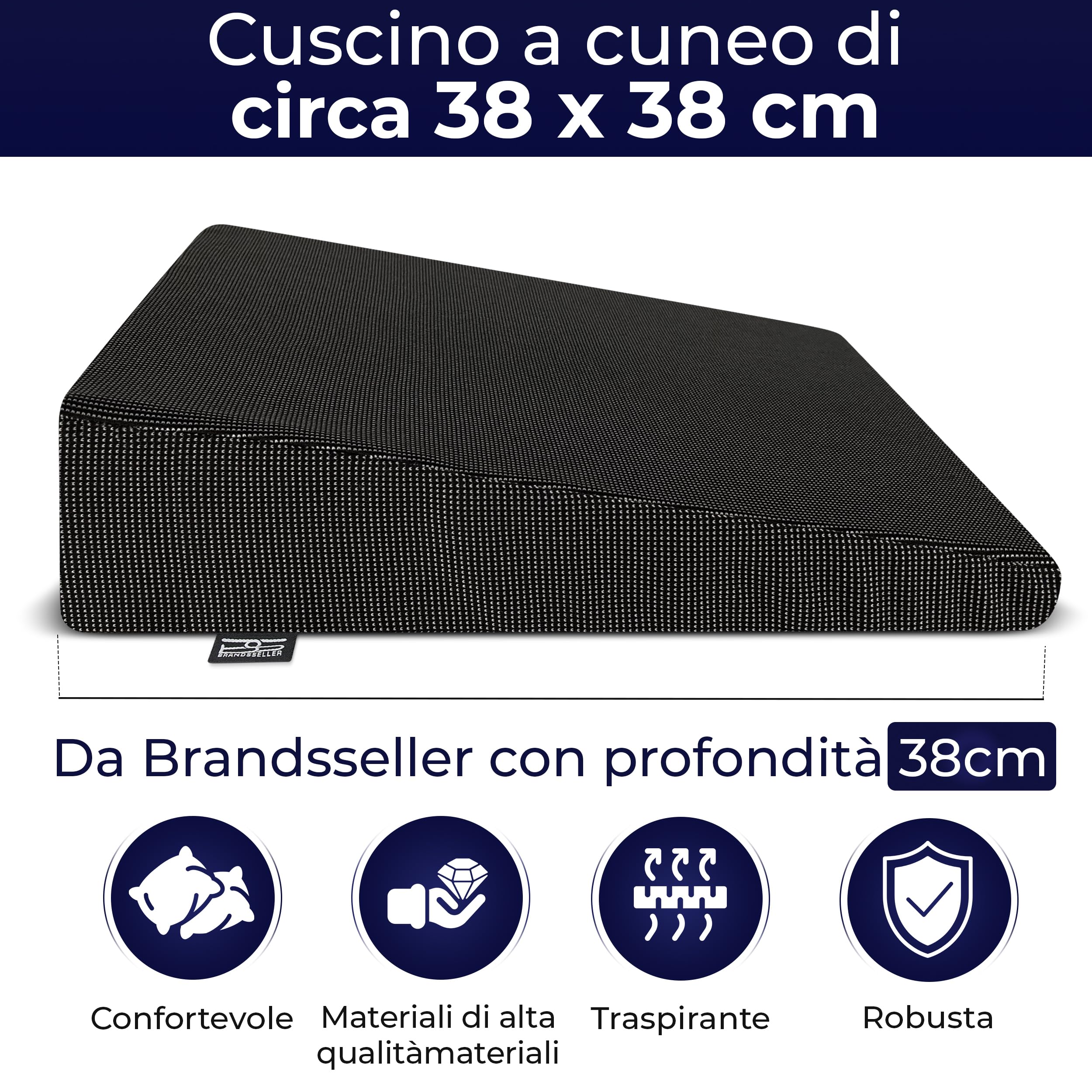Cuscino a Cuneo 38x38x8/2 cm per Sedia, Ufficio e Auto, Cuscino Ergonomico per Seduta Corretta, Supporto per Schiena, Nero
