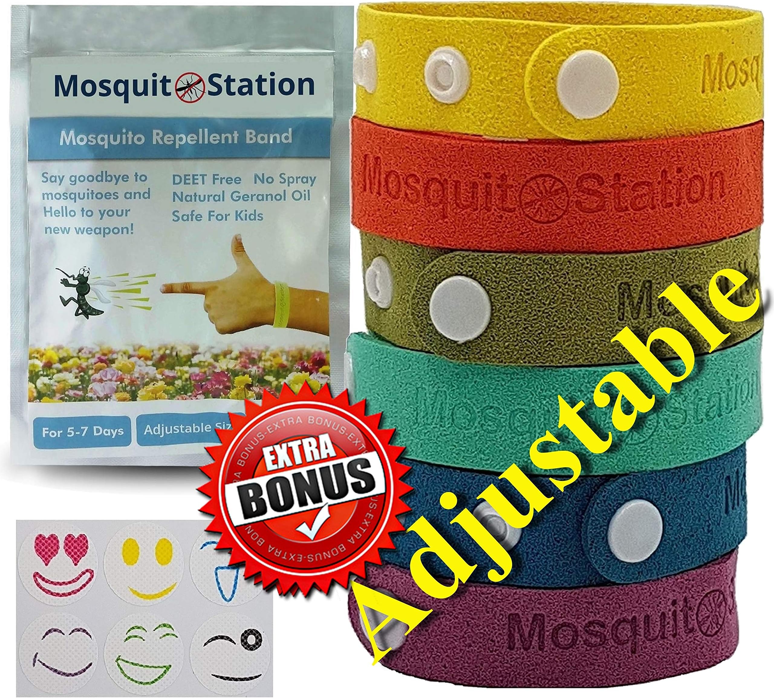 MCBInfinity Mosquitoes Repellent Bracelets Bonus 6 Colorful Repellent Patches, Natural Improved Adjustable Wristbands with Buttons, Deet Free Bands, Pest Control Bug Protection for Kids & Adults