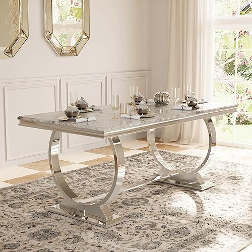 Asday Mesa de comedor moderna de 72 pulgadas con base en U de metal de acero inoxidable plateado en gris plata
