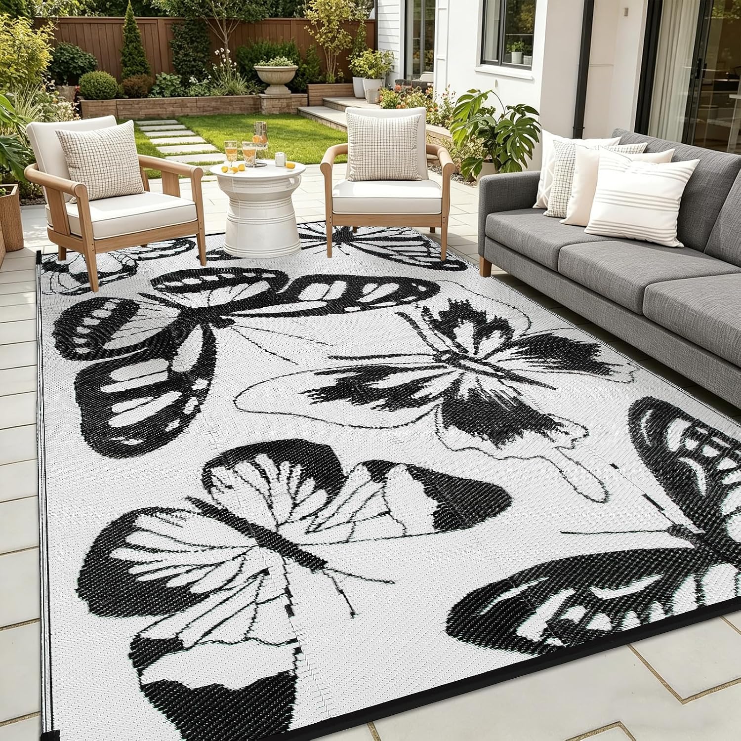 9'x12' Waterproof Outdoor Rug for Patios, Reversible Plastic Straw Mat for Outside, Camping, Picnic, Balcony, Rv, Backyard, Beach (Butterfly丨White&Black)
