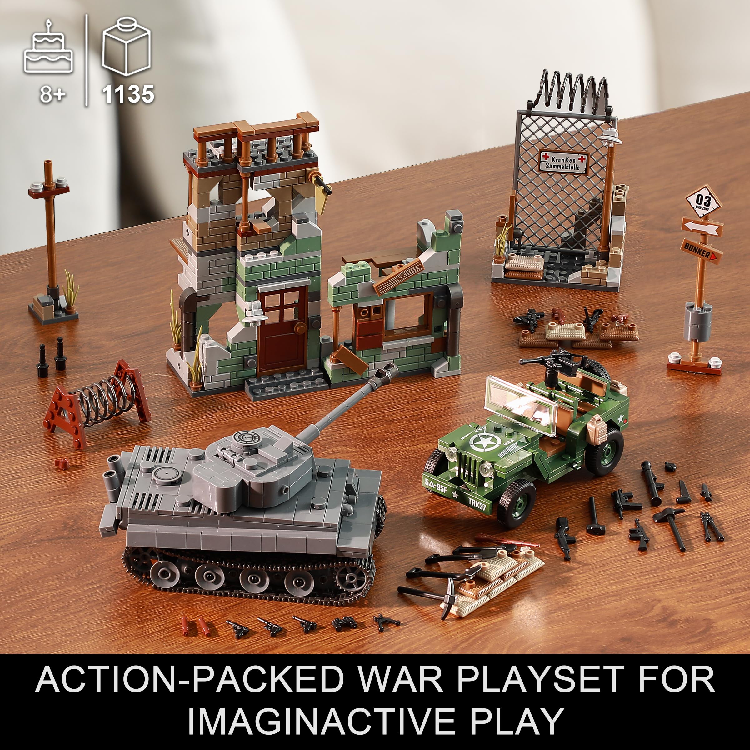 WW2 Military Base Building Set Compatible with Lego, Historical Army Toys Model Kit, Includes German Tiger I Tank, US Willys MB Vehicle & Bombed House, Gift Idea for Kids, Teens & Adults