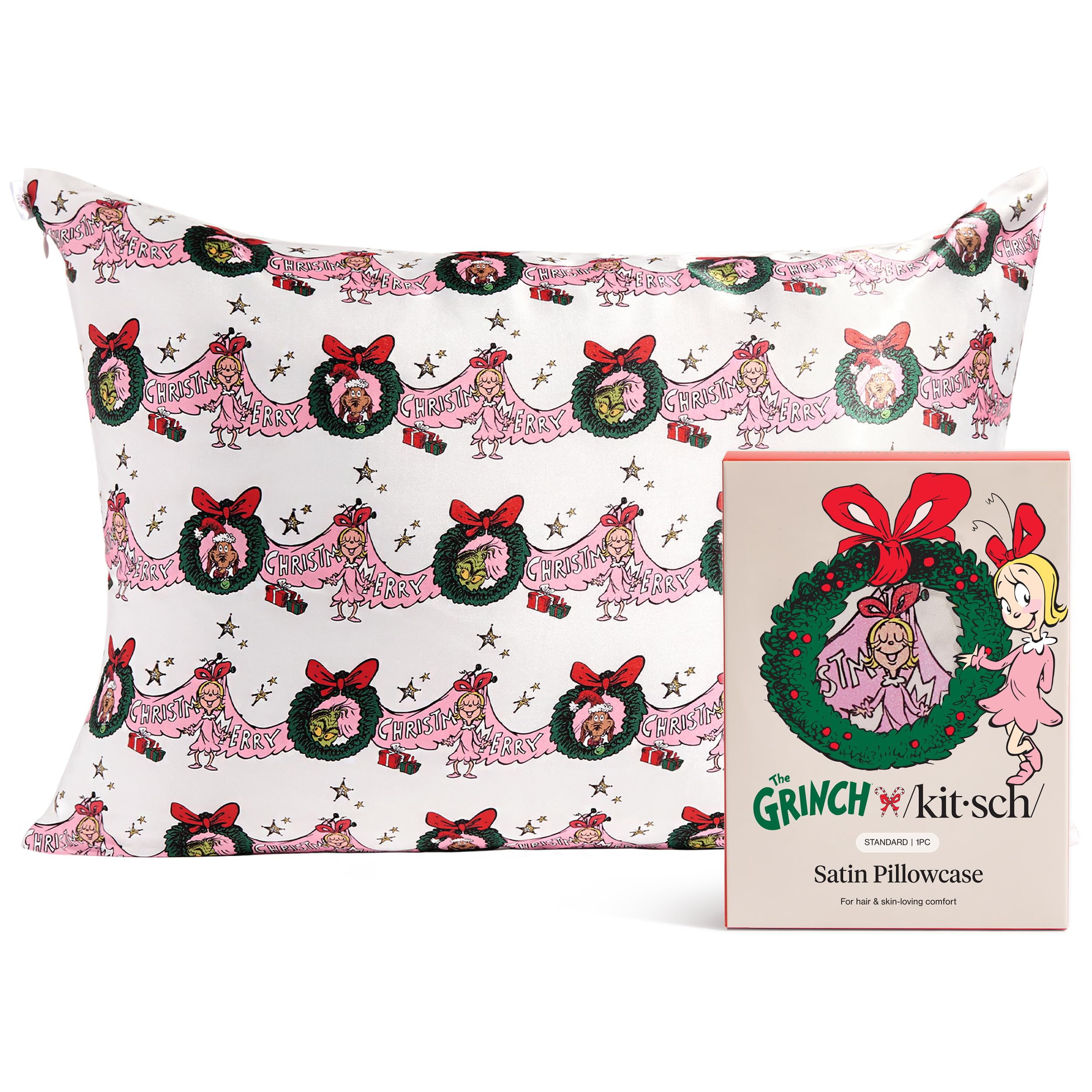 Kitsch Cindy Lou The Grinch X Satin Pillowcase With Zipper For Hair & Skin - Softer Than Silk Pillow Cases, Smooth Cooling Pillow Cover, Wrinkle-Free, Machine Washable, Queen/Standard (19X26)