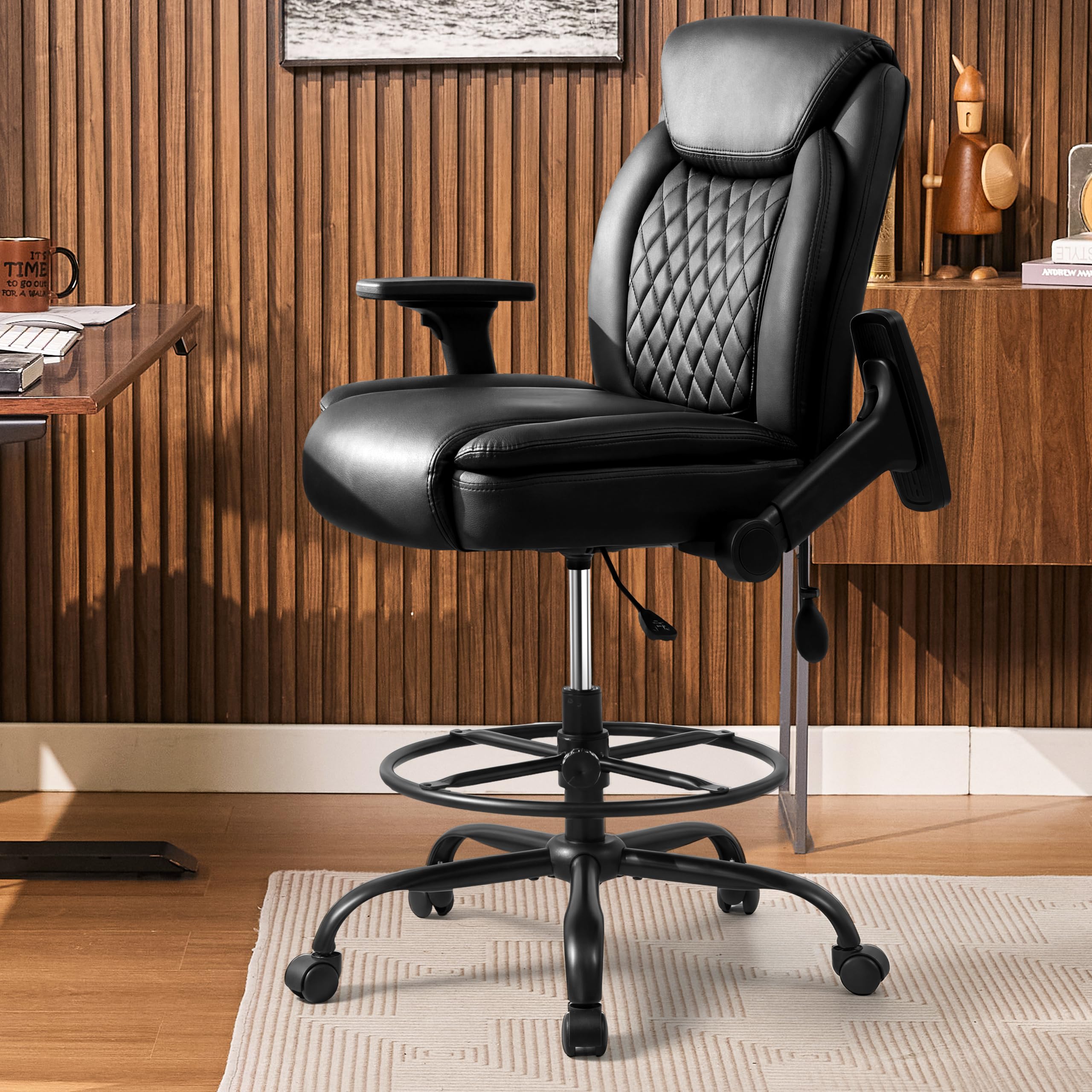 Tall Drafting Chair with Foot Ring, Ergonomic Task Chair with Wide-Angle Folding Armrests, Air-Lumbar Support, Height-Adjustable Swivel Office Chair for Standing Workstations, Black