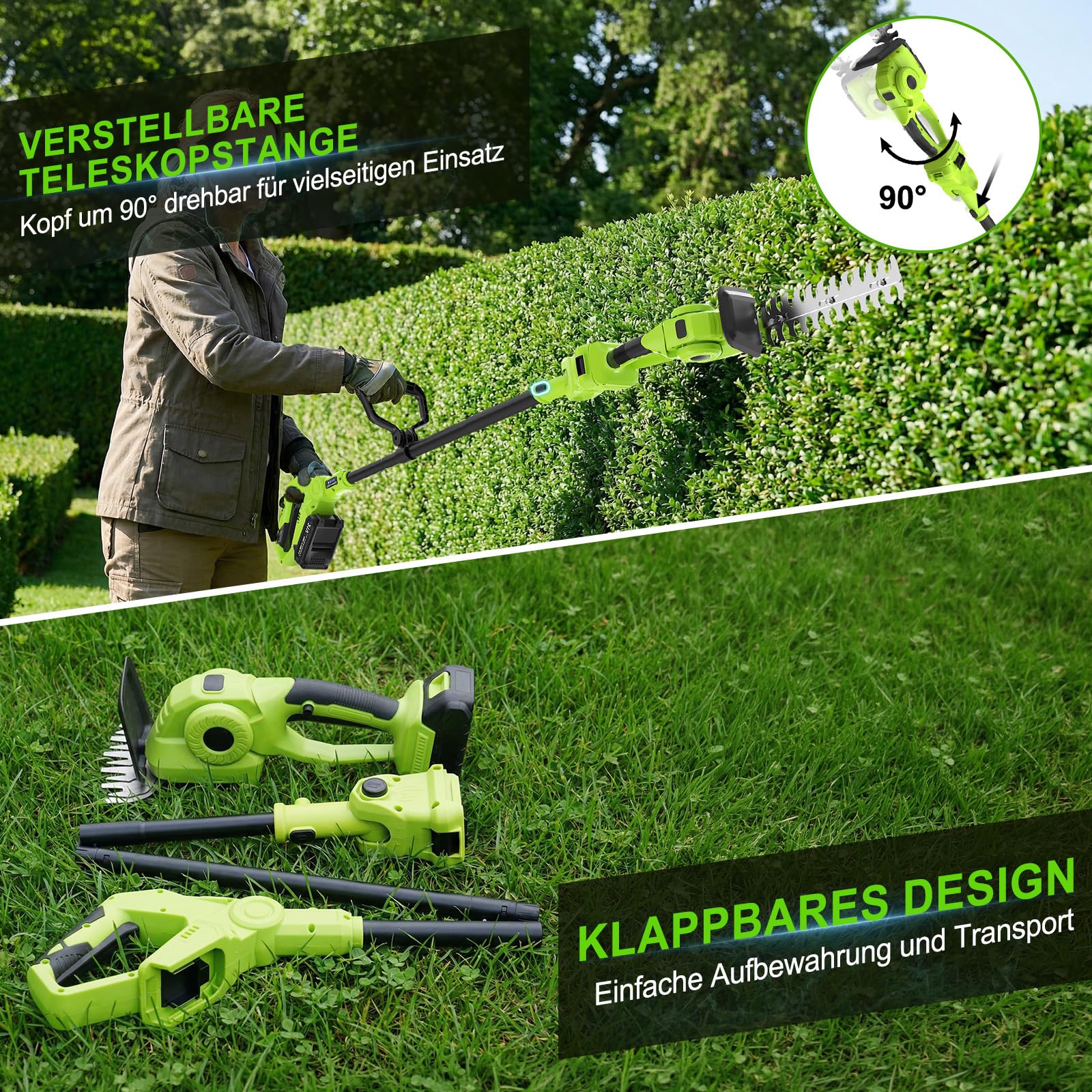 VOERJIA 4-in-1 Akku Grasschere & Strauchschere mit 115cm Verlängerungsstange (165cm Reichweite), 21V Gartenschere mit Rollen, 650W, 180° verstellbar, 2 Akkus – für Rasenkanten, Hecken & Formschnitt
